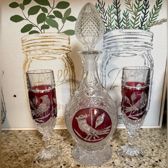 Hofbauer Byrdes Collection The Ruby Decanter & glasses Ruby Red & Clear Crystal - Picture 2 of 5